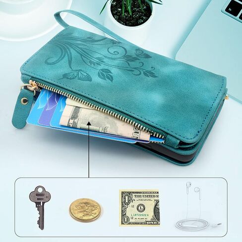 Lacass [Cards Theft Scan Protection] 10 Card Slots Holder Zipper Pocket Wallet Case Flip Leather Cover with Wrist Strap Stand for Motorola Moto G 5G 2023 Case (Floral Blue Green) in Saudi Arabia