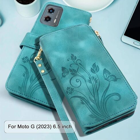 Lacass [Cards Theft Scan Protection] 10 Card Slots Holder Zipper Pocket Wallet Case Flip Leather Cover with Wrist Strap Stand for Motorola Moto G 5G 2023 Case (Floral Blue Green) in Saudi Arabia