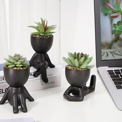 Yastouay 2 Pack Fake Succulents Plants Artificial Succulents Cute Faux Succulents in Black Human Shaped Pots Office Desk Decor for Women in Saudi Arabia