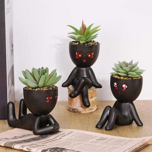 Yastouay 2 Pack Fake Succulents Plants Artificial Succulents Cute Faux Succulents in Black Human Shaped Pots Office Desk Decor for Women in Saudi Arabia