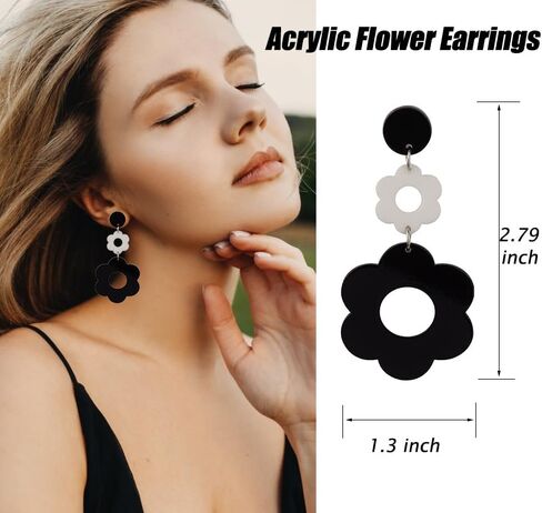 Flower Earrings for Women Acrylic Daisy Drop Dangle Flowers Floral Earrings Y2k 70s Yellow White Black Flowers Earrings in Saudi Arabia
