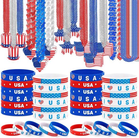 300 Pieces Patriotic Beads and Bracelets 4th of July Party Favors Including 150 Pcs 4th of July Necklaces and 150 Pcs Patriotic Silicone Bracelets Red White Blue Bead for Memorial Day Independence Day in Saudi Arabia