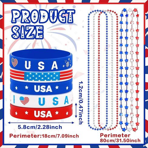 300 Pieces Patriotic Beads and Bracelets 4th of July Party Favors Including 150 Pcs 4th of July Necklaces and 150 Pcs Patriotic Silicone Bracelets Red White Blue Bead for Memorial Day Independence Day in Saudi Arabia
