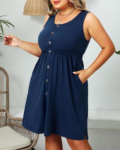 Pinup Fashion Women's Plus Size Summer Dresses Casual Pockets A-Line Button Down Sleeveless Scoop Neck Dress in Saudi Arabia