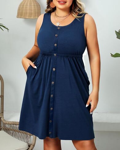 Pinup Fashion Women's Plus Size Summer Dresses Casual Pockets A-Line Button Down Sleeveless Scoop Neck Dress in Saudi Arabia