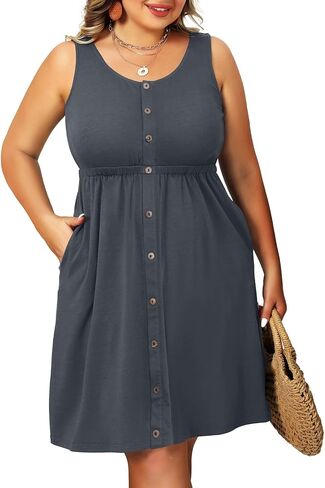 Pinup Fashion Women's Plus Size Summer Dresses Casual Pockets A-Line Button Down Sleeveless Scoop Neck Dress in Saudi Arabia