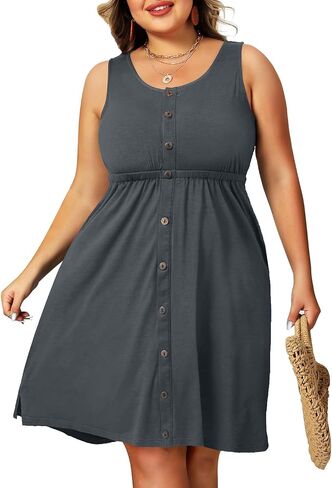 Pinup Fashion Women's Plus Size Summer Dresses Casual Pockets A-Line Button Down Sleeveless Scoop Neck Dress in Saudi Arabia
