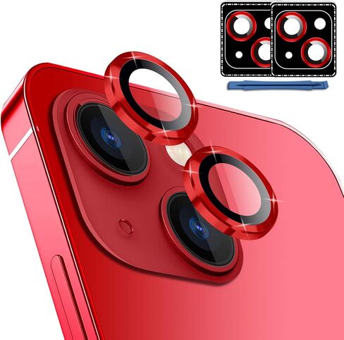 [عبوة من قطعتين من واقي عدسة الكاميرا لهاتف iPhone 14/14 Plus وiPhone 15/15 Plus، غطاء كاميرا من الزجاج المقوى بحلقة معدنية فردية، فائق الدقة، مضاد للخدش، مع مساعدات التثبيت والإزالة - أحمر in Saudi Arabia