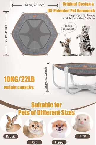سرير أرجوحة كبير للقطط، سرير كلب مرتفع للقطط مقاس 27.1 × 24 بوصة مع هيكل ثابت، سهل التجميع والغسل، أرجوحة للحيوانات الأليفة مع وسادة قابلة للفصل للقطط والكلاب الصغيرة. (وسادة من القماش الشراعي) in Kuwait