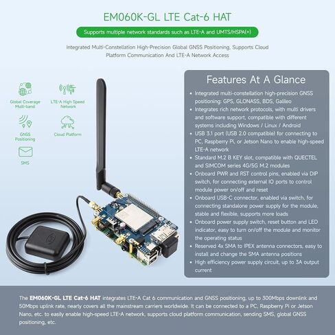 قبعة اتصال Waveshare LTE Cat 6 متوافقة مع Raspberry Pi، LTE-A عالمي متعدد النطاق، تحديد المواقع GNSS، تأتي مع وحدة EM060K-GL in Saudi Arabia