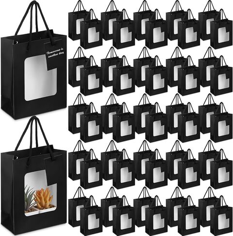 حقيبة هدايا بيضاء من Fuutreo 50 قطعة مع نافذة شفافة، حقيبة هدايا صغيرة من كرافت مع مقبض وحقيبة تسوق ورقية لبطاقة الهدايا، حقيبة هدايا عيد الحب لحفلات الزفاف (4 × 2.75 × 4.5 بوصة) in Saudi Arabia