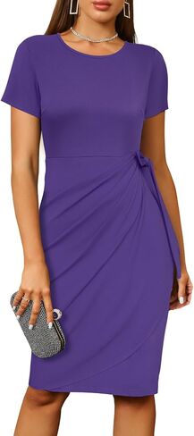 فستان بيريدريس نسائي ملفوف صناعي برقبة دائرية وأكمام قصيرة كلاسيكي غمد طول الركبة ميدي فساتين عمل كاجوال للحفلات in Kuwait