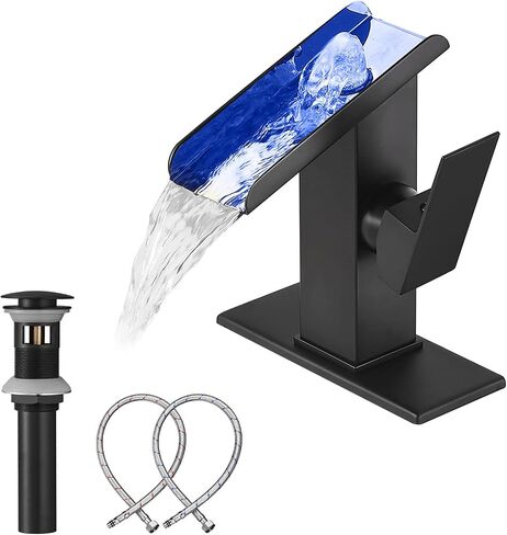 Black Vessel Faucet Bathroom Waterfall Open Spout Led Color Changing by Temperature Basin Faucet for Bowl Sink Right Handle 1 Hole without Overflow Pop Up Drain Supply Hose Vanity Bath Tap Deck Mount in Saudi Arabia