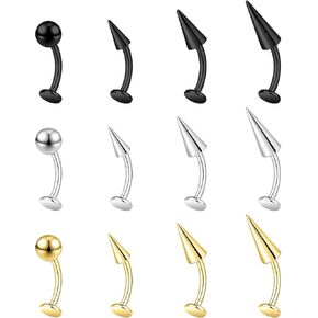 BodyAce 16G/18G Spike Belly Button Ring, Stainless Steel Tragus Stud Flat Back Earrings, Curved Navel Barbell Lip Rings Labret Piercing Eyebrow Jewelry