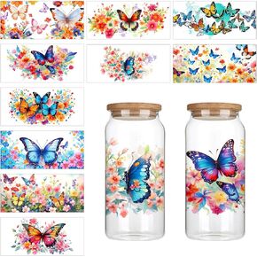 Cup Wraps, 10 Pieces Cup Wraps for Glass Cups Butterfly and Flower Transfer Stickers Iron on Decals for Cups Furniture Wood DIY Crafts