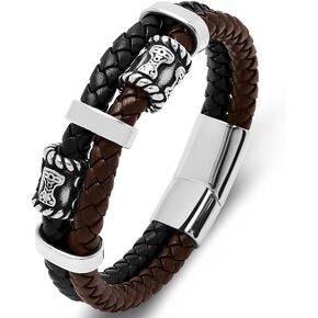 Mens Double Row Leather Bracelet Wristband Double Layer Cord Bangle Stainless Steel Celtic Knot Braided Cuff Bracelet Punk Blown/Blue/Red Jewelry for Mens 19cm