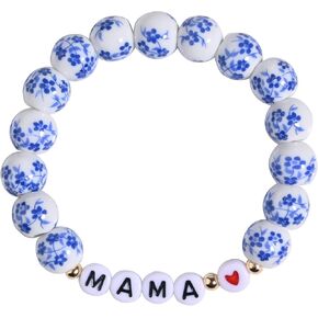 Blue And White Porcelain Bracelet For Mom Daughter, Chinoiserie Bracelets Mothers Day Gifts, Bohemian Vintage Floral Bracelet Set For Mom Girl