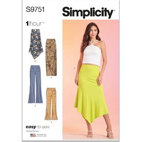 Simplicity Easy Misses' Knit Skirts and Pants Sewing Pattern Packet, Code S9751, Sizes 4-6-8-10-12, Multicolor
