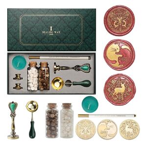Wax Seal Stamp Kit, Andotopee Animal Wax Seal Kit with 3 Brass Heads Dragon/Cat/Rabbit, Vintage Metal Handle Sealing Wax Stamp Set with Wax Seal Beads, Warmer Tools, Metallic Pen (Gift Box Set)
