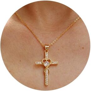 Cross Necklace for Women 14K Gold Plated Cute Cross CZ Pendant Choker Necklaces Dainty Simple Small Necklace Simple Trendy Everyday Jewelry