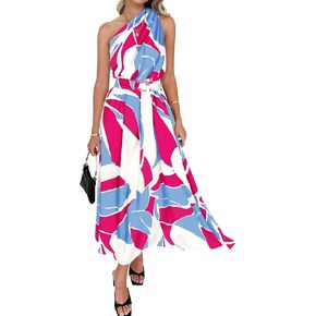 BTFBM Women's Sleeveless One Shoulder Dress Resort Outfits Casual Summer Maxi Sundress Print Belted Long Flowy Dresses