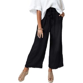 Valphsio Women's Baggy Wide Leg Jeans Tie Waist Chambray Culottes Tassel Pants Crop Length
