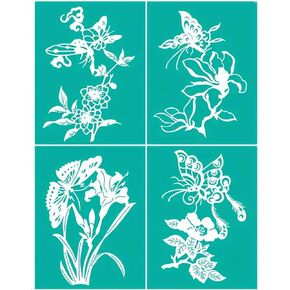 JAJADO 4 Pcs Wild Flower Stencils Plant Self Adhesive Silk Screen Stencils Reusable Sunflower Floral Flower Spring DIY Stencils for Painting on Wood/T-Shirt/Window/Wall/Furniture DIY Craft Home Decor
