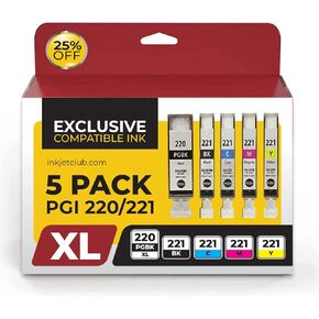 5 Pack - Canon PGi-220 and Cli-221 Ink Cartridge Value Pack. Includes 1 PGi-220 Black, 1 Cli-221 Black, 1 Cyan, 1 Magenta, and 1 Yellow Compatible Ink Cartridges.