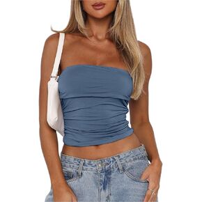 Women's Fold Over Bust Ruched Side Strapless Crop Tube Top Double Layered Seamless Bandeau Top Cute Shirt in Kuwait