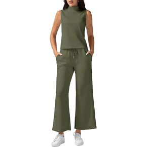 VECVOC Women's Summer 2 Piece Outfits Mock Neck Tank Top Cropped Wide Leg Pants Lounge Sets Tracksuit With Pocket