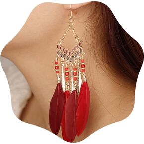 YERTTER Bohemian Gold Silver Mixcolor Long Feather Tassel Earrings Indian Beads Dangle Drop Vintage Ethnic Fringe Fake Feather Statement Earrings Gift for Women Girls