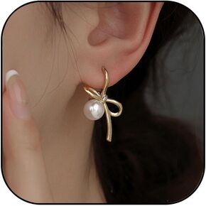 Pearl Bow Earrings Gold Bow Earrings Bow Pearl Stud Earrings Pearl Bowknot Statement Earrings Jewelry Gifts for Women