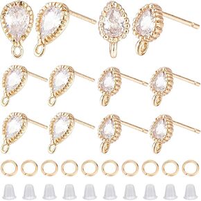 CREATCABIN 1 Box 12Pcs 2 Color 18K Gold Plated Brass Cubic Zirconia Earrings Stud Post Loop Jewelry Making Findings with 50Pcs Jump Rings 50Pcs Rubber Earring Rubber Backs Stopper DIY Crafts Supplies
