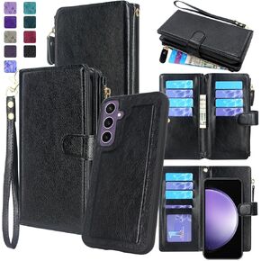 Lacass for Samsung Galaxy Galaxy S23 FE 2023, [12 Card Slots] ID Credit Cash Holder Holder Zipper Pocket Detachable Magnet Leather Wallet Cover with Wrist Strap Lanyard (Black)