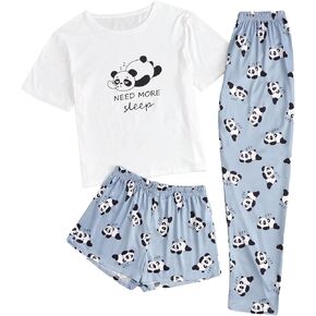 GORGLITTER Women's 3 Piece Pajama Sets Cute Print Short Sleeve Tee Top and Shorts with Pants Sleepwear Loungewear
