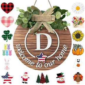 Interchangeable Seasonal Welcome Sign for Front Door Family Last Name Initial Letter B Front Door Wreath Rustic Home Decor with 15 Changeable Icons for All Seasons Holiday Halloween Christmas Decor