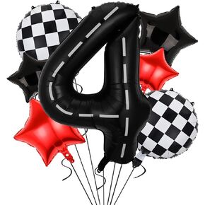 Race Car Birthday Party Balloons,40 Inch Big Mylar Foil Racetrack Number Balloon 4 Black for Boys 4th Birthday Party Decorations,Race Car Theme Party Decorations Supplies 9 Pcs Set