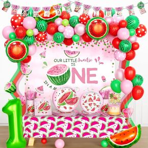 One In A Melon Party Decorations, 1st Birthday Decorations Girl, Watermelon 1st Birthday 195 PCs Tableware Supplies with Backdrop Balloon Banner Plates Napkins Cups Straws Knives Forks Spoons