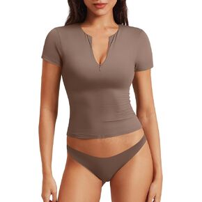 VOYJOY Women Zip Up Double Lined Slim Fit Short Sleeve T Shirts Scoop Neck Basic Crop Tops Sexy Trendy Going Out Top