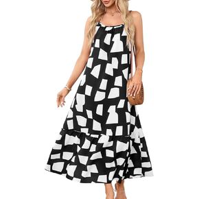 Naggoo Women's Summer Boho Maxi Dress Casual Scoop Neck Spaghetti Strap Ruffle Flowy Long Beach Sundress
