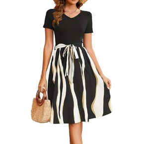 Women's Elegant Vintage V Neck Short Sleeve Summer Casual Work Party A-Line Dress with Belt 824