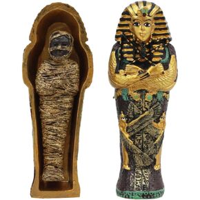 Gifts & Decor Ebros Egyptian King Tutankhamun Pharaoh Sarcophagus Coffin with Mummy Figurine Set 4" Long Egyptian Pharaoh Tombstone Historical Sculpture