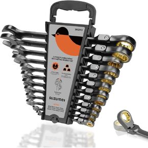 SUZUME 24-Piece Metric and SAE Flex Head Ratcheting Wrench Set 72 Teeth Cr-V Steel Ratcheting Wrench Set with 180° Flex Head Ratchet Wrenches Set For Auto,Machine Repair