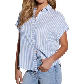 chouyatou Women's Summer Cap Sleeve Striped Button Down Shirt Loose Business Casual Tops Work Blouses
