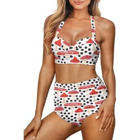 Mushroom & Fruit Print Women's Two-Piece Lace-up Swimsuit Halter Ruched High Waist Bikini Set