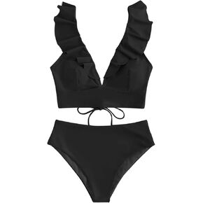 MakeMeChic Women's Ruffle High Waisted Swimsuit 2 Piece Bikini Sets V Neck Lace Up Bathing Suit