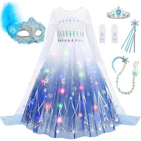 Light Up Princess Costume for Girls Lighted Snow Princess Dress Up for Halloween Cosplay Birthday Party, White