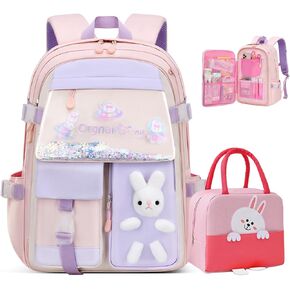 2PCS Kawaii Backpack Set with Lunch Bag,17.7inch Bunny Backpacks for Girls Large Capacity Aesthetic School Bag Cute Bookbags with Beaded Quicksand Pocket & Rabbit Doll,Blue