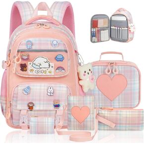 Cute Backpack for Girls, 5 Pack Kawaii Backpack Aesthetic Backpack with Lunch Box Set, Cute Pink School Bookbag for Kids Teen Elementary