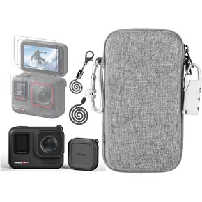 Accessories Kit Compatible with Insta360 Ace Pro[Silicone Camera Case and Lens Cap][2Pack Screen Protector Film][Carrying Case Bag with Locking Carabiner and Anti-loss Lock] (Black)